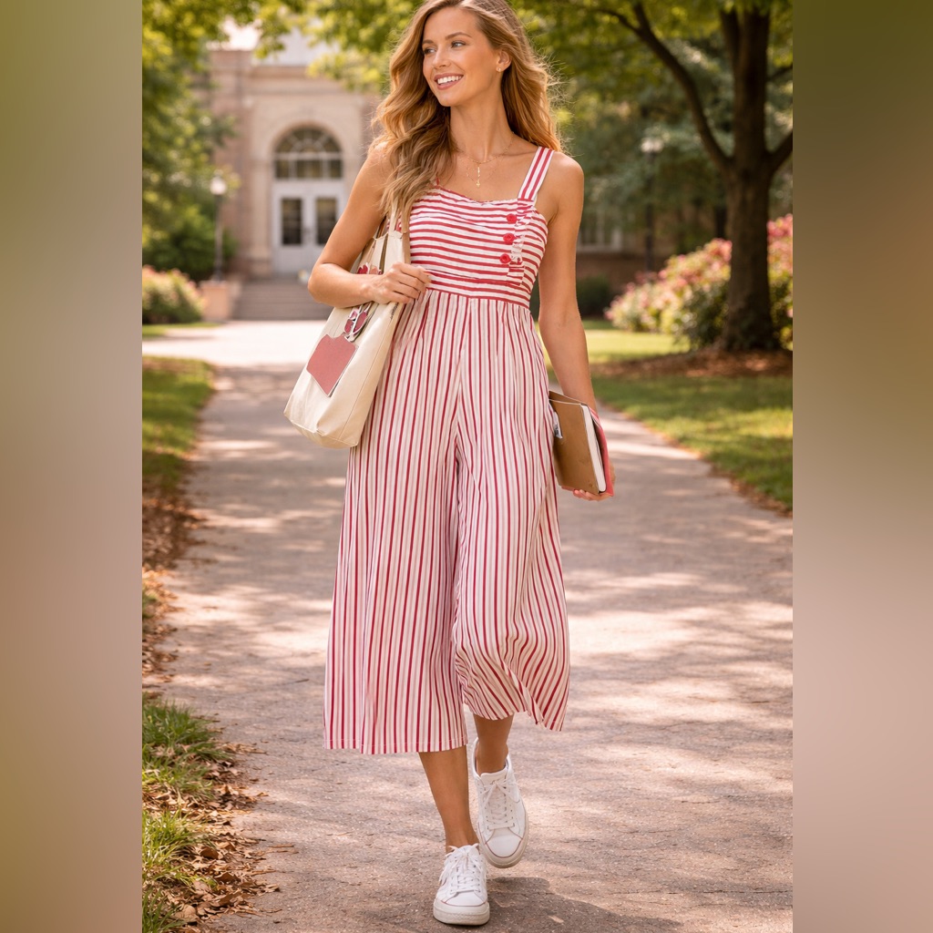 True Destiny, Red/White Stripe Wide-Leg Jumpsuit Nautical Carnival Chic, Size S